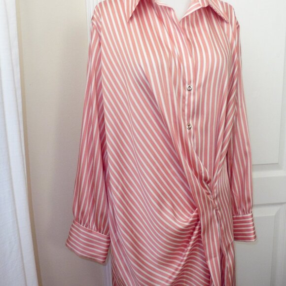Zara Satin Striped Gathered Origami Long Sleeve Midi Shirt Dress Large - Picture 7 of 8